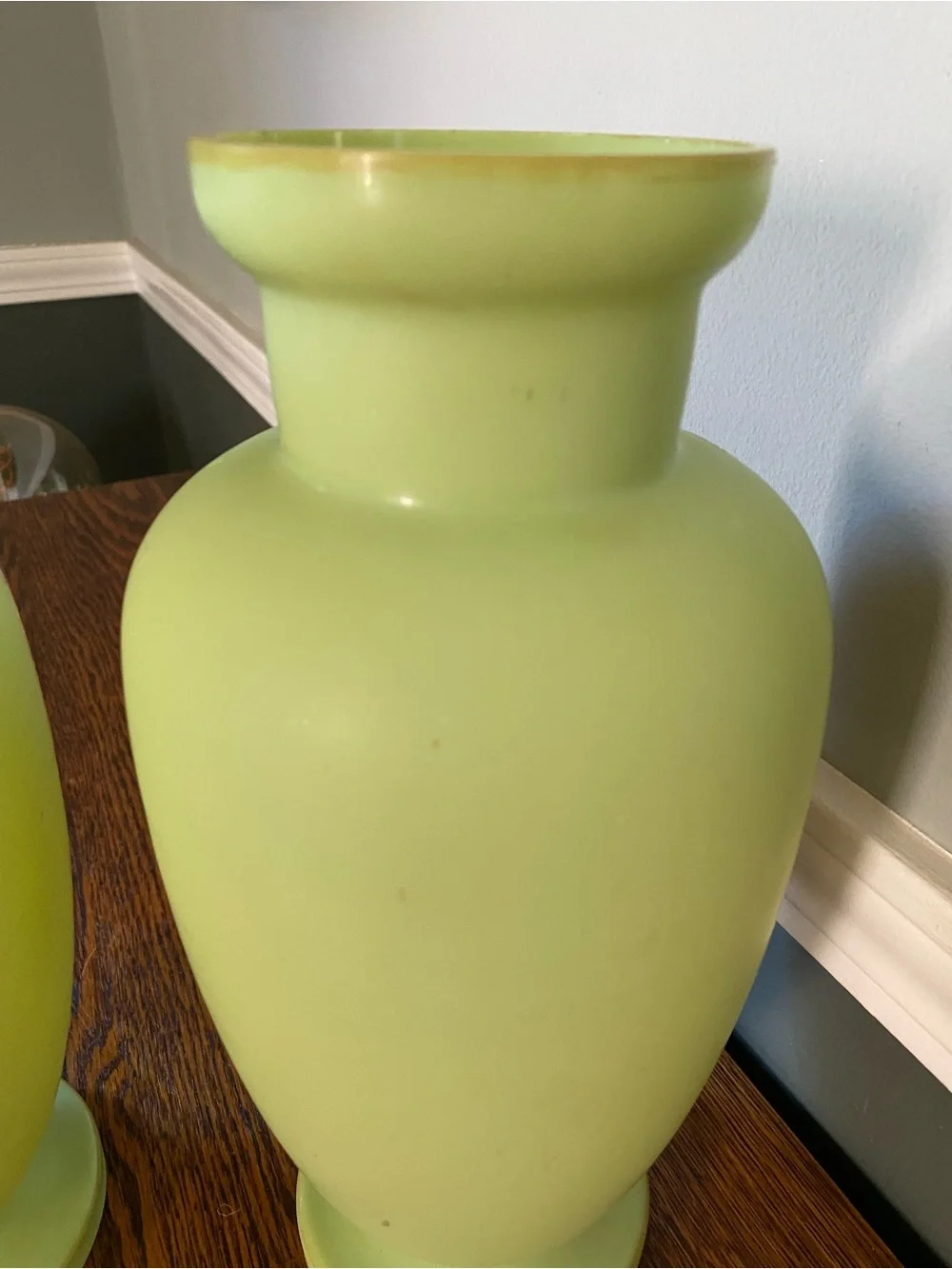 Early 20th Century French Mint Green Art Glass Vases Hand Painted Raised Gilt
